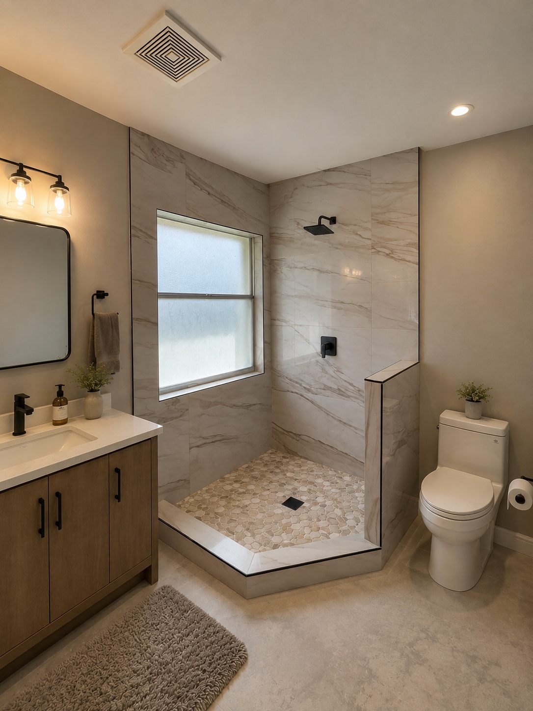 Baño contemporáneo con ducha abierta y tile de apariencia mármol